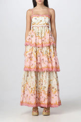Robe mi-longue à bordure en dentelle florale rose